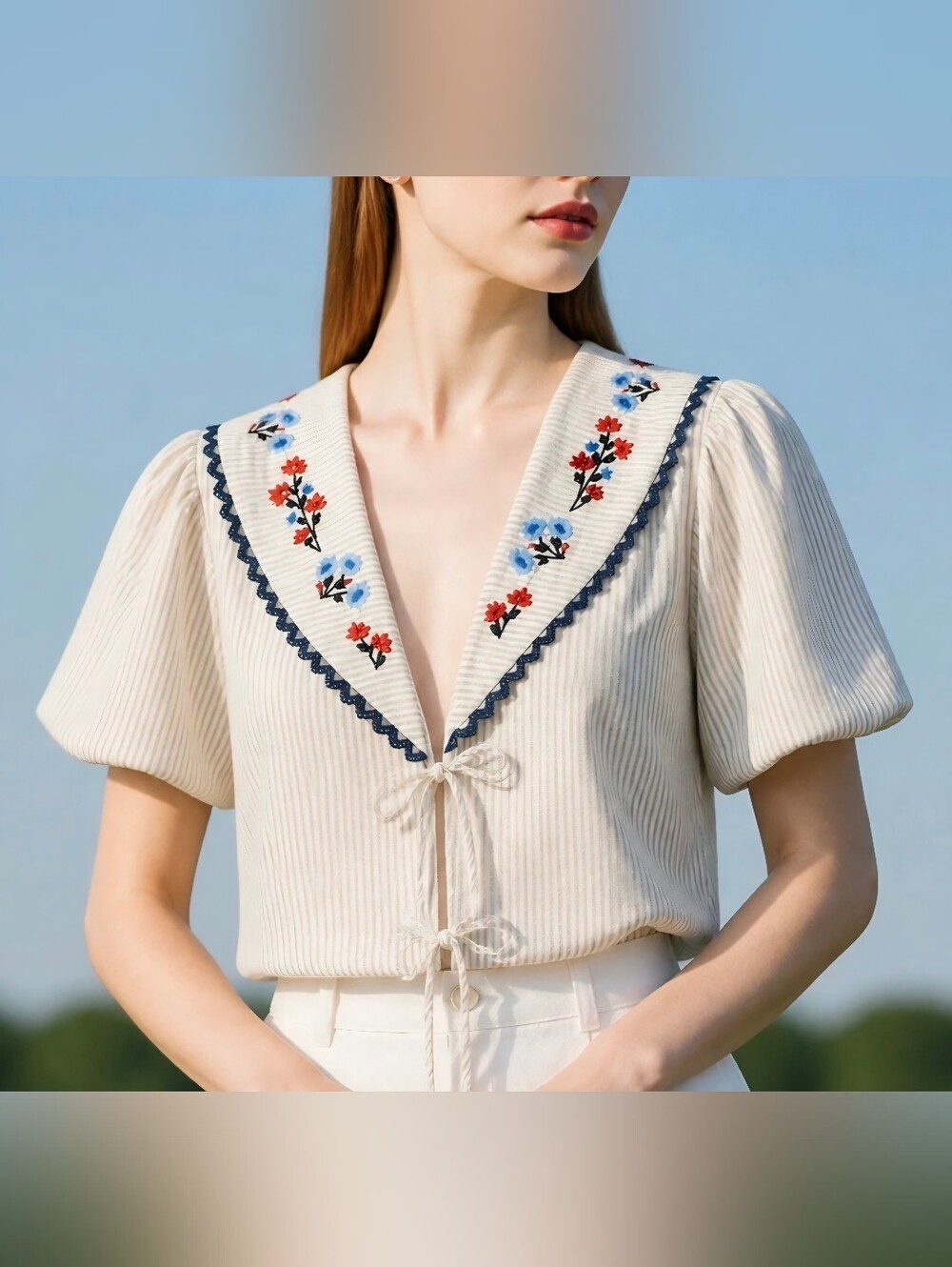 Caroline Constas Embroidered Cream Blouse with Navy Trim